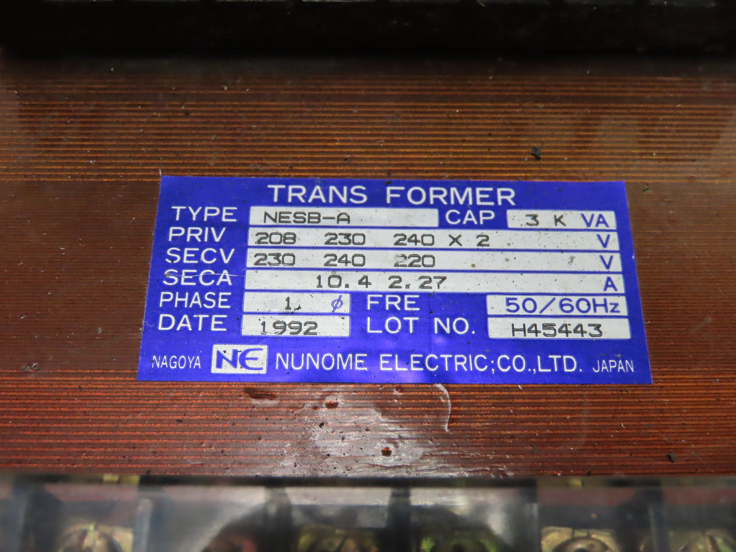 Nunome Electric NESB-A Industrial Transformer PRI 208/240V SEC 220/240V 3KVA 1PH