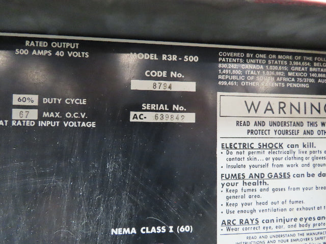 Lincoln 8794 R3R-500 Arc Stick Welder Welding Power Source 230/460 Volt Tested