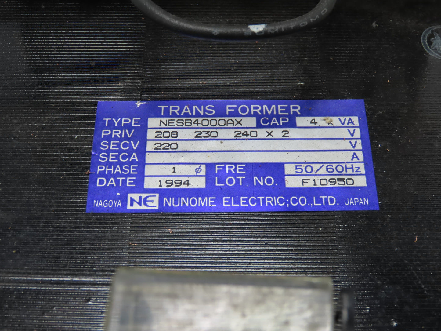 Nunome Electric NESB4000AX Industrial Transformer 4KVA 1PH PRI 240V SEC 220V