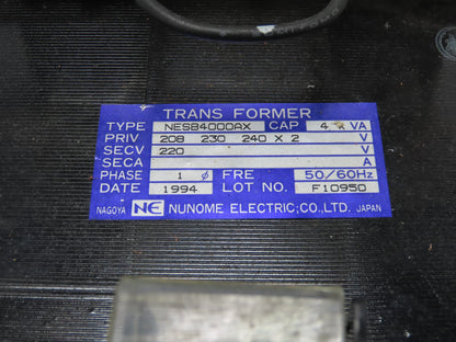 Nunome Electric NESB4000AX Industrial Transformer 4KVA 1PH PRI 240V SEC 220V