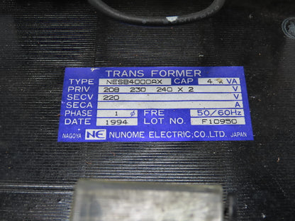 Nunome Electric NESB4000AX Industrial Transformer 4KVA 1PH PRI 240V SEC 220V