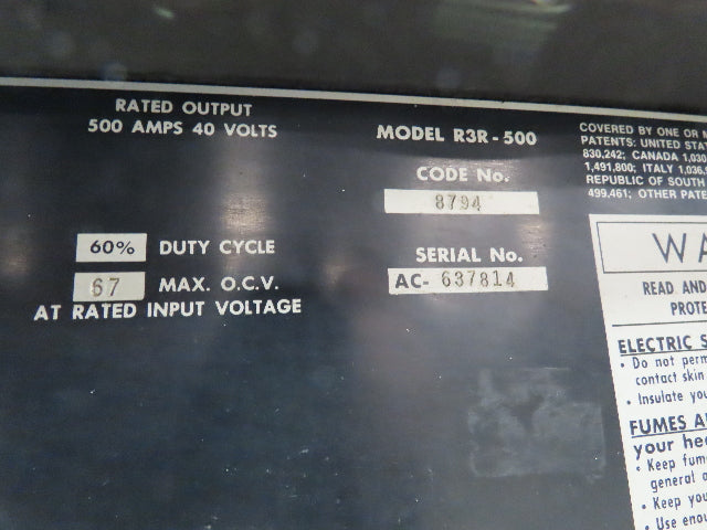 Lincoln 8794 Idealarc R3R 500 Stick Welder Power Source Gouging Arcair 3000