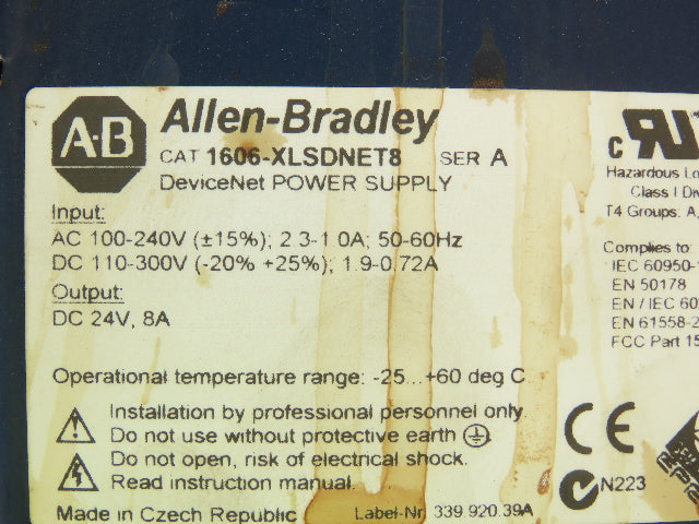 Allen Bradley 1606-XLSDNET8 DeviceNet PLC DIN Rail Power Supply 240V 24V 8A