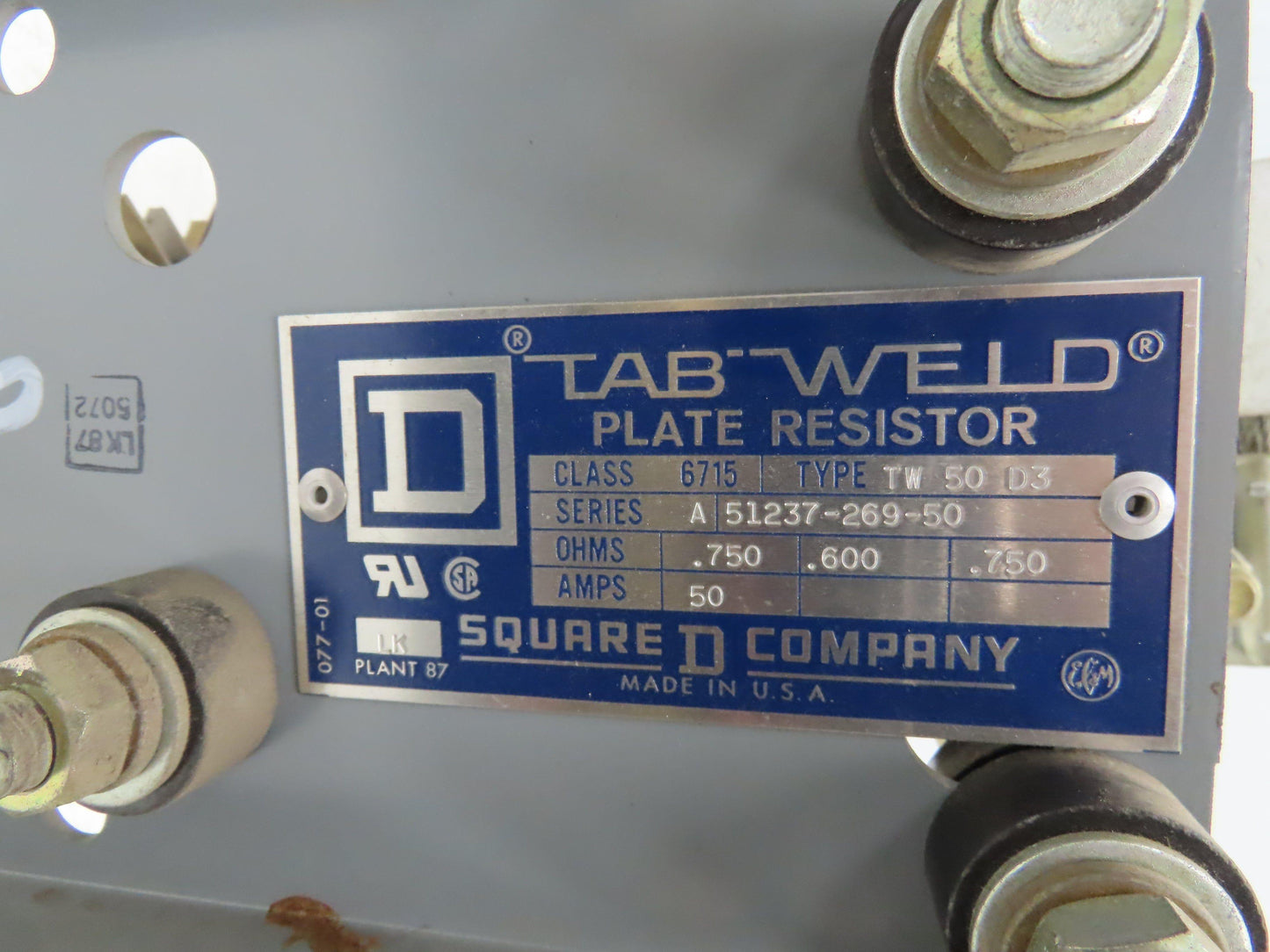 Square D 6715-TW50D3 Tab Weld Crane Brake Plate Resistor 0.750 Ohms 50 Amp