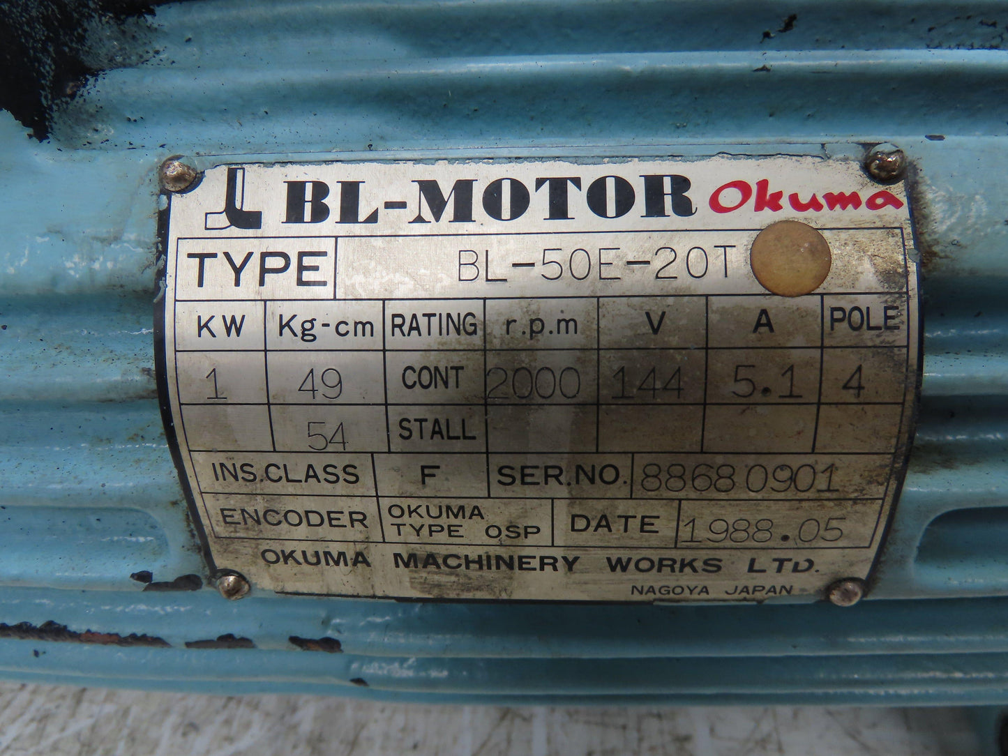 Okuma BL-50E-20T Servo Motor 1kw 2000 RPM 5.1A 4P 144V OSP Encoder