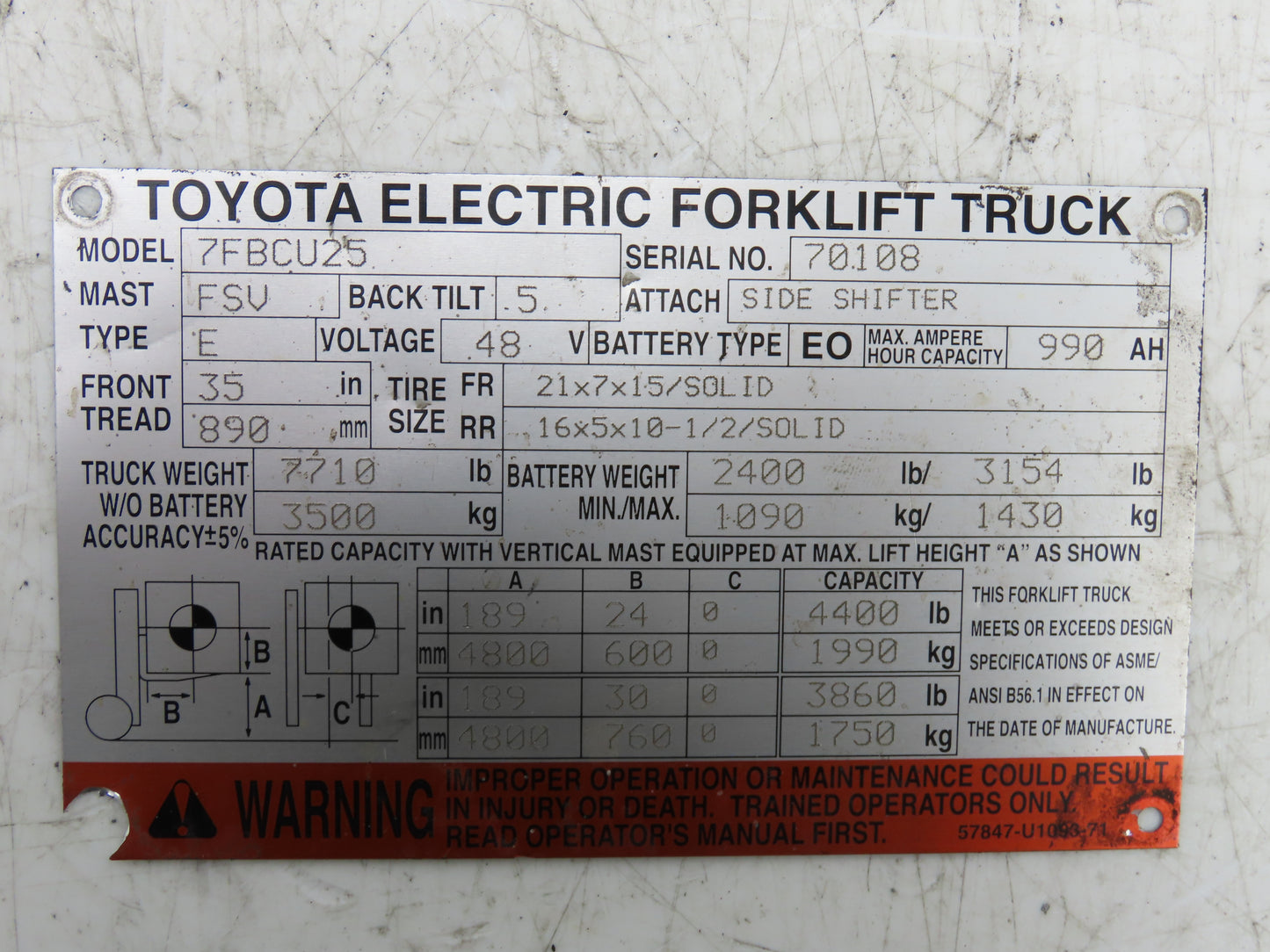 Toyota 7FBCU25 Electric Forklift Mast Tilt Cylinder 3" Bore 8" Stoke 1-3/8" Pin