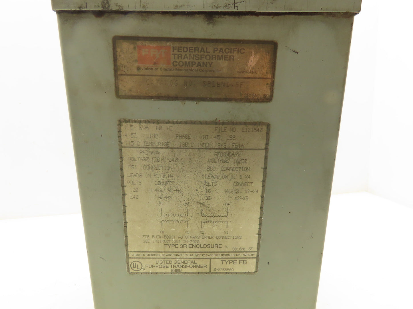 Federal Pacific SB16N1.5F Industrial Transformer 1.5KVA PRI 240V SEC 32V 1PH