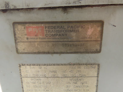 Federal Pacific SB16N1.5F Industrial Transformer 1.5KVA PRI 240V SEC 32V 1PH