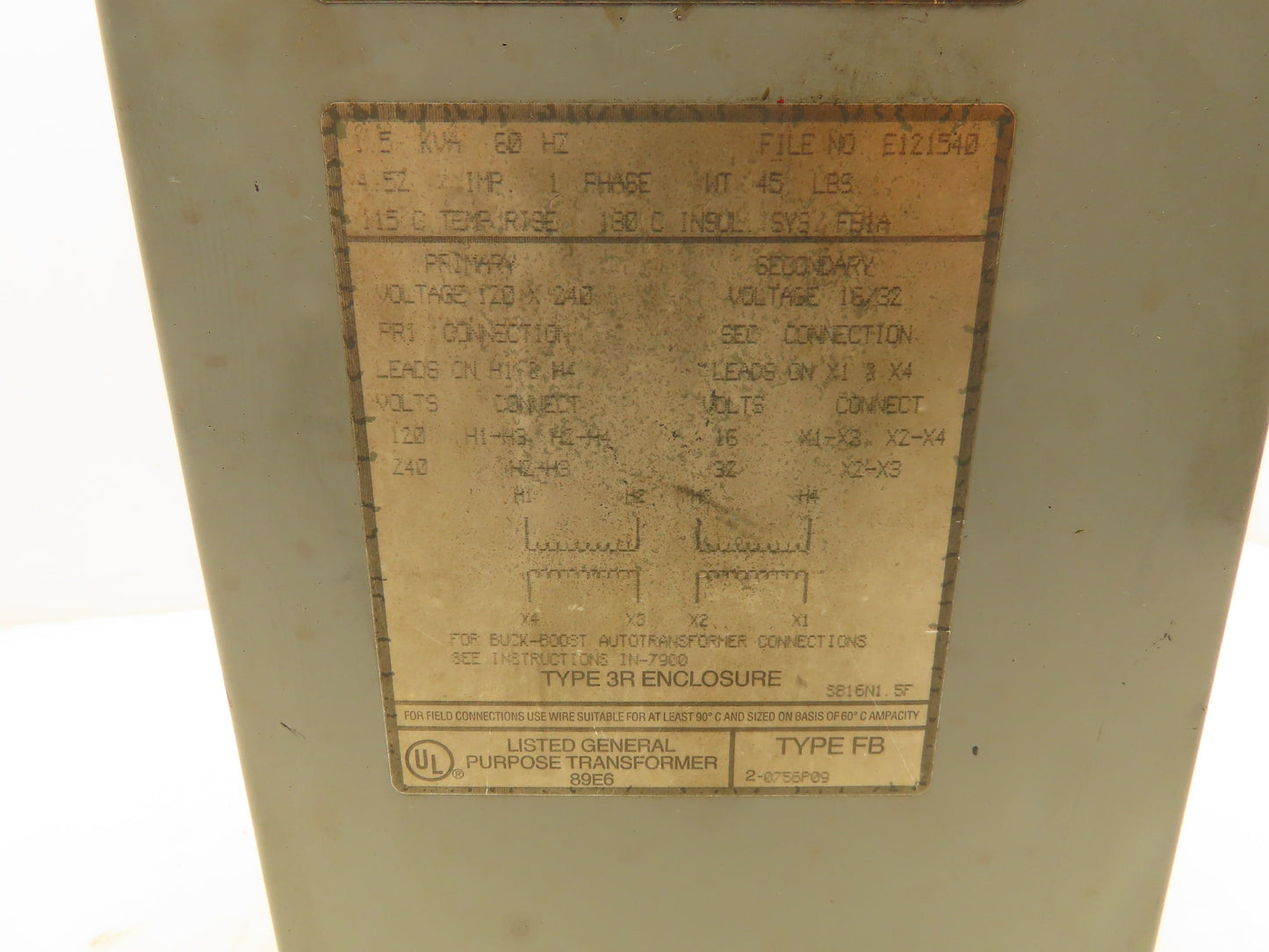 Federal Pacific SB16N1.5F Industrial Transformer 1.5KVA PRI 240V SEC 32V 1PH