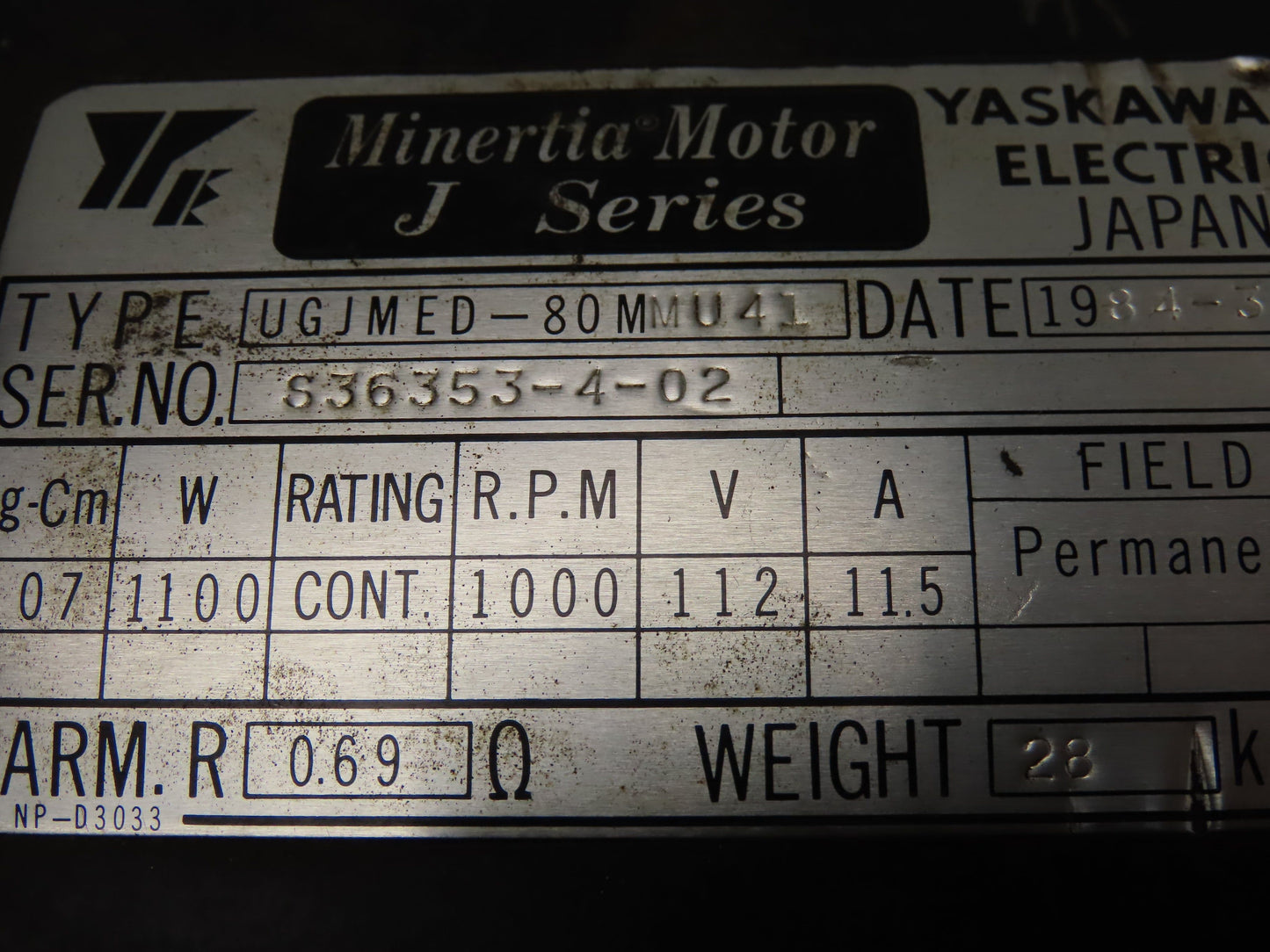 Yaskawa UGJMED-80MMU41 Minertia Servo Motor 112V 1100W 1000 RPM TFUE-25ZD7