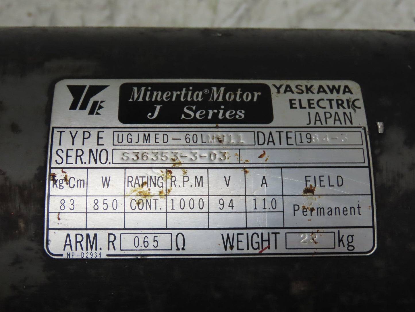 Yaskawa UGJMED-60LMU11 J-Series Minertia Servo Motor 94V 850W 1000RPM TFUE-30ZD7