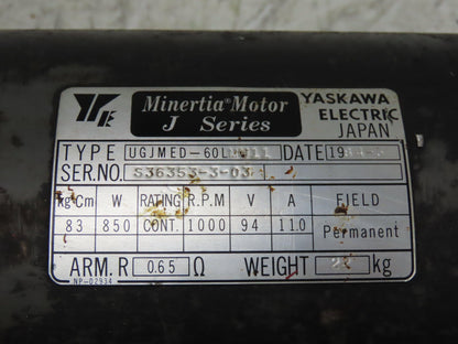 Yaskawa UGJMED-60LMU11 J-Series Minertia Servo Motor 94V 850W 1000RPM TFUE-30ZD7