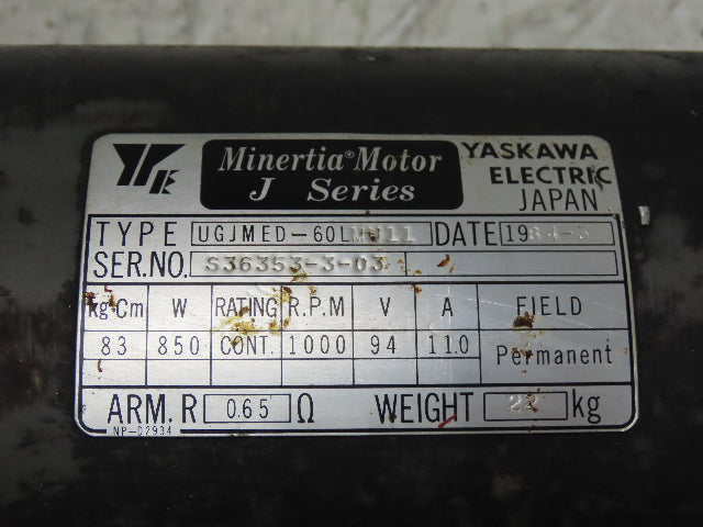 Yaskawa UGJMED-60LMU11 J-Series Minertia Servo Motor 94V 850W 1000RPM TFUE-30ZD7