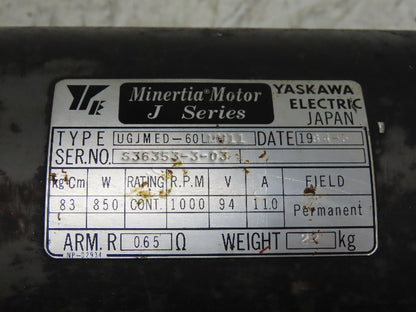 Yaskawa UGJMED-60LMU11 J-Series Minertia Servo Motor 94V 850W 1000RPM TFUE-30ZD7
