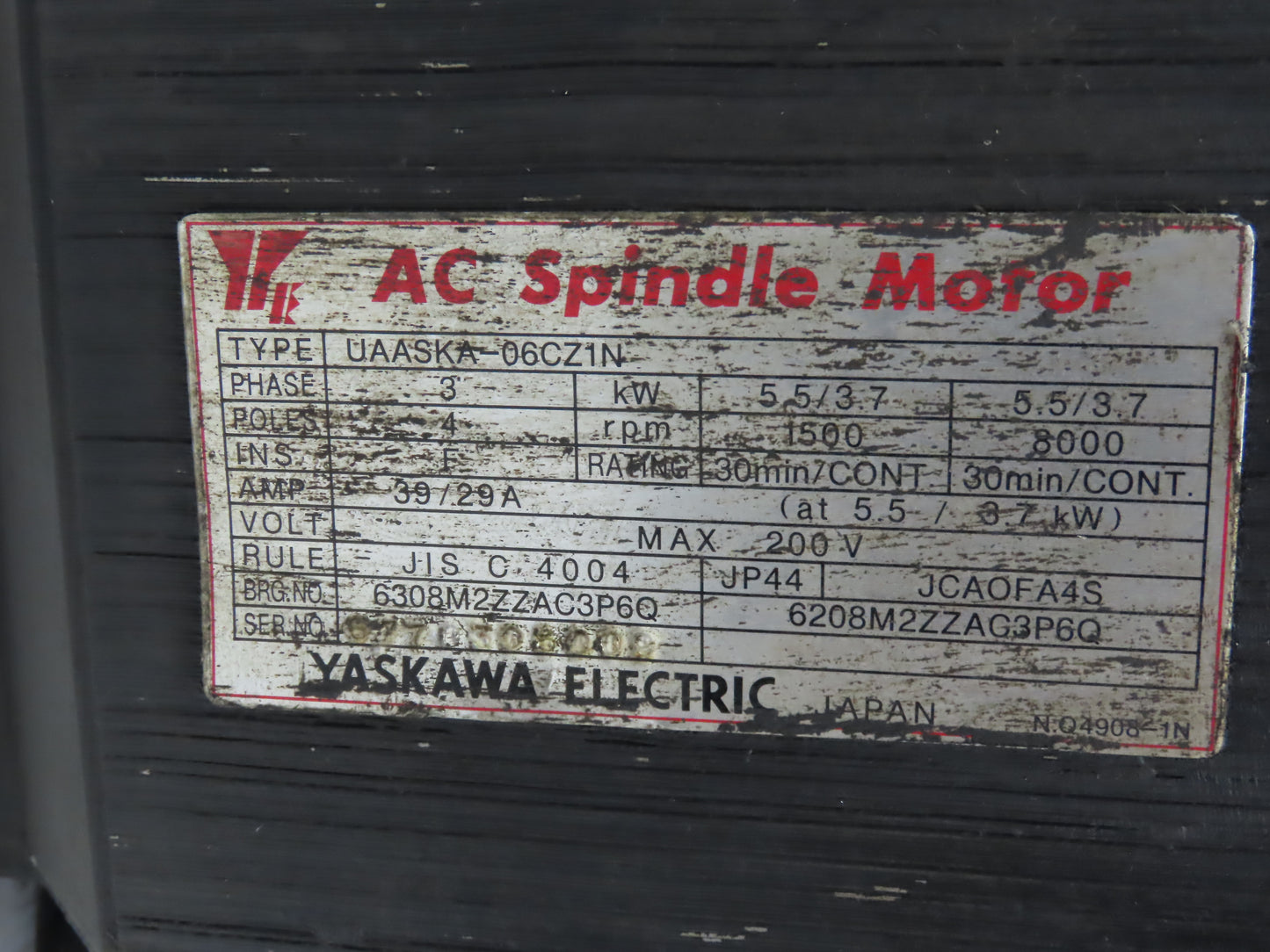 Yaskawa UAASKA-06CZ1N AC Spindle Servo Motor 5.5kW 1500 RPM 200V 3PH JCAOFA4S