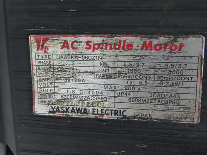 Yaskawa UAASKA-06CZ1N AC Spindle Servo Motor 5.5kW 1500 RPM 200V 3PH JCAOFA4S