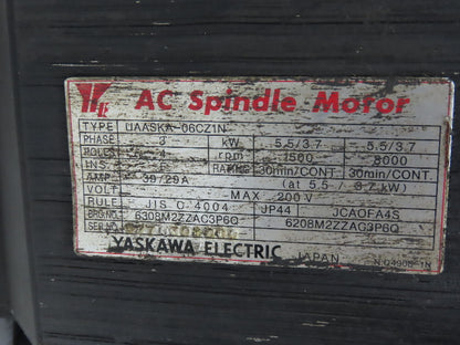 Yaskawa UAASKA-06CZ1N AC Spindle Servo Motor 5.5kW 1500 RPM 200V 3PH JCAOFA4S