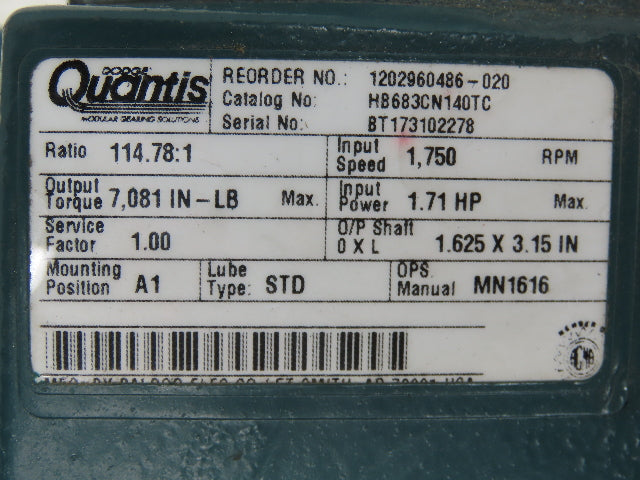 Dodge Quantis HB683CN140TC In-Line Helical Gearbox 114.78:1 Reducer 1.7Hp 15rpm