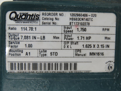 Dodge Quantis HB683CN140TC In-Line Helical Gearbox 114.78:1 Reducer 1.7Hp 15rpm