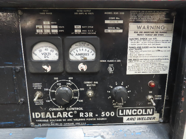 Lincoln 8794 M IDEALARC R3R 500 DC Arc Welding Power Source Welder Tested Leads
