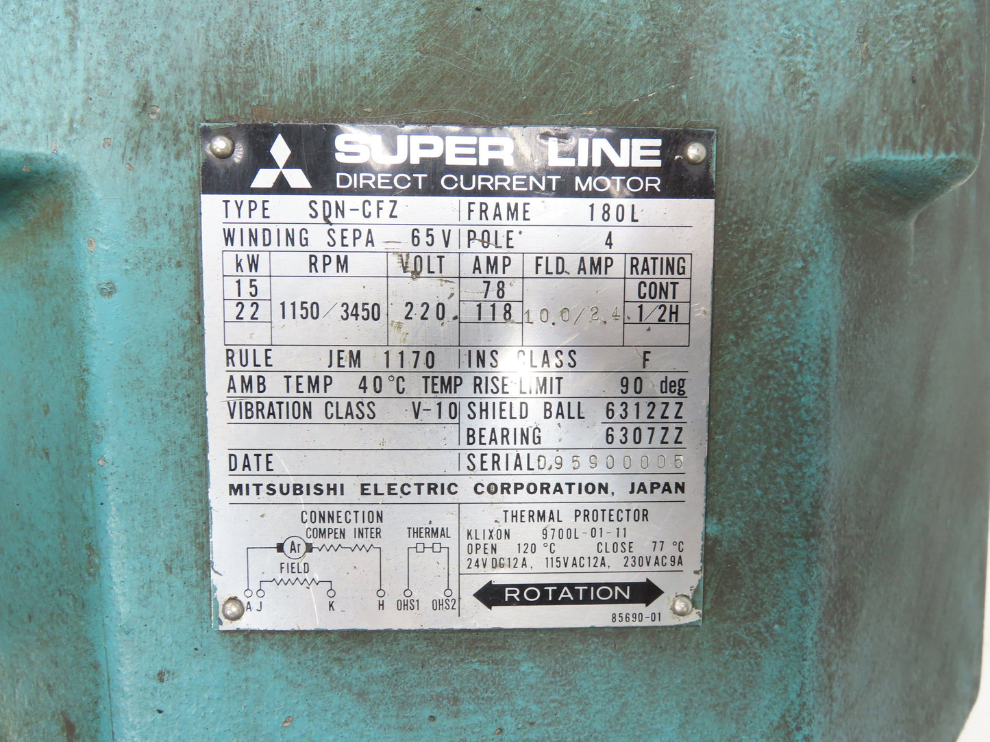 Mitsubishi Electric SDN-CFZ Super Line Direct Current Motor 15/22kw 3450RPM 180L