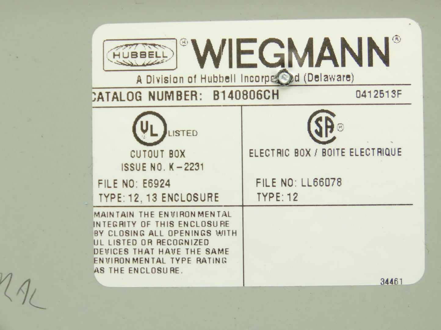 Wiegmann B140806CH Electrical Enclosure Box with 1492-H Terminal Blocks 14x8x6"
