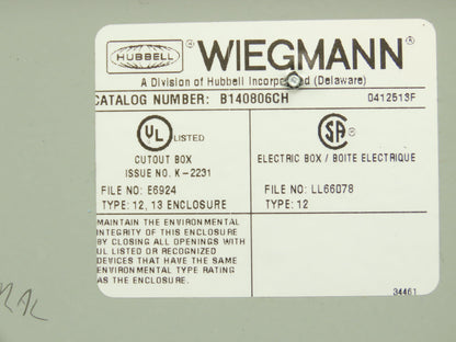 Wiegmann B140806CH Electrical Enclosure Box with 1492-H Terminal Blocks 14x8x6"