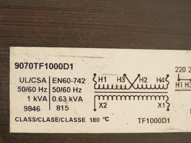 Square D 9070TF1000D1 Power Control Transformer 1.0 KVA 240/480 Pri 120 Sec