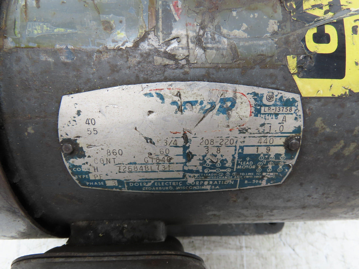 Doerr AC Motor 3/4Hp 860 RPM 230/460V 3PH 184C TEFC