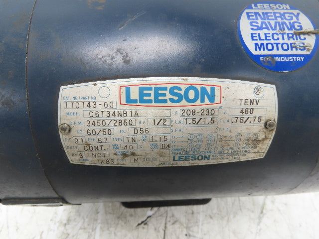 Leeson C6T34NB1A AC Motor 1/2Hp 3450 RPM 208-230-460V 3PH D56 Frame TENV