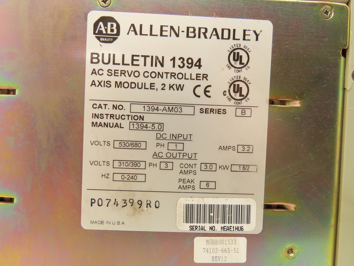 Allen Bradley 1394-AM03 AC Servo Axis Module 2Kw Series B AC Output 310/390V 3Ph
