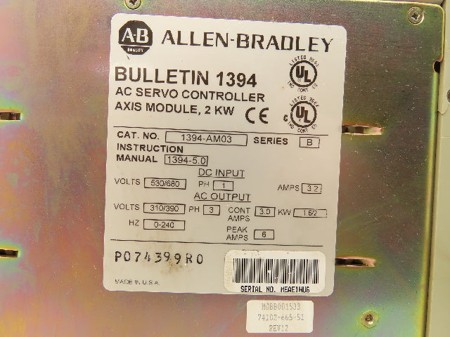Allen Bradley 1394-AM03 AC Servo Axis Module 2Kw Series B AC Output 310/390V 3Ph