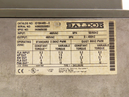 Baldor ID15H405-E Adjustable Speed Drive VFD Motor Drive 460V 7.5Hp 8.2A