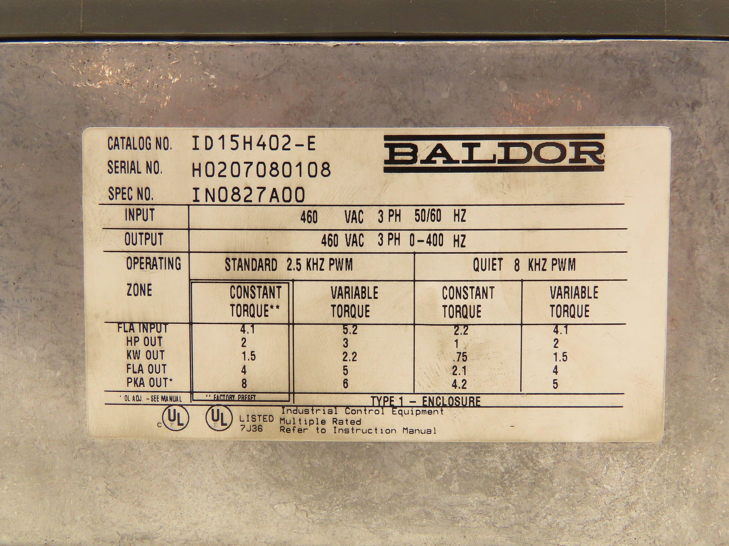 Baldor ID15H402-E Adjustable Speed Drive VFD Motor Drive 460V 3Hp 3Ph