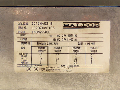 Baldor ID15H402-E Adjustable Speed Drive VFD Motor Drive 460V 3Hp 3Ph