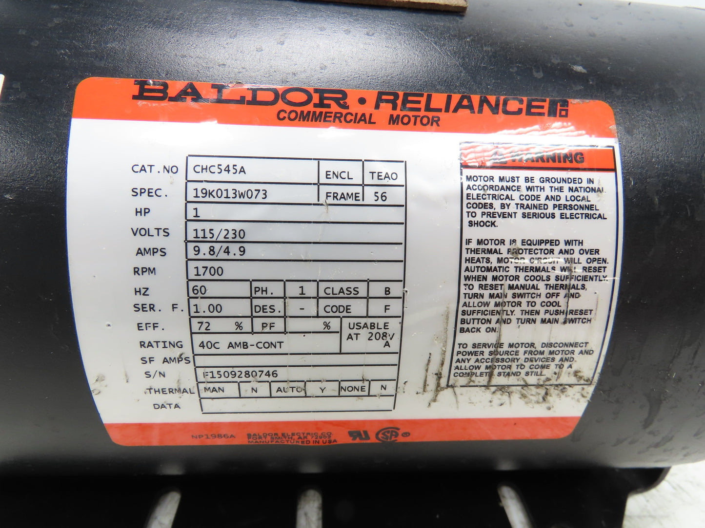 Baldor Reliance CHC545A AC Motor 1Hp 1700 RPM 115/230V 1PH 56 Fr Resilient Mount