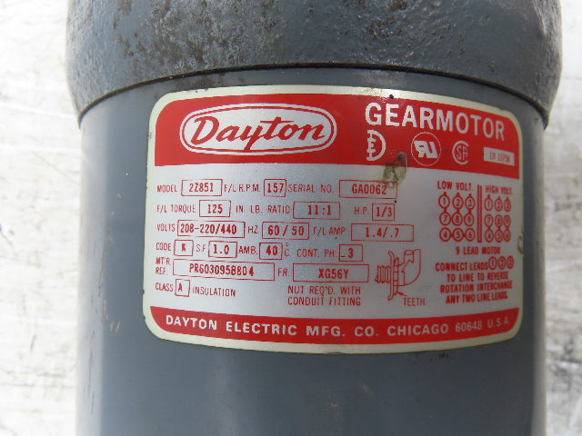 Dayton 2Z851 Gearmotor 1/3Hp 157 RPM 230/460V 3PH Parallel Shaft 11:1 Reducer