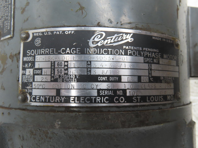 Century SC-184-KDC Squirrel Cage Induction Motor 1Hp 1150 RPM 208-220/440V 3PH