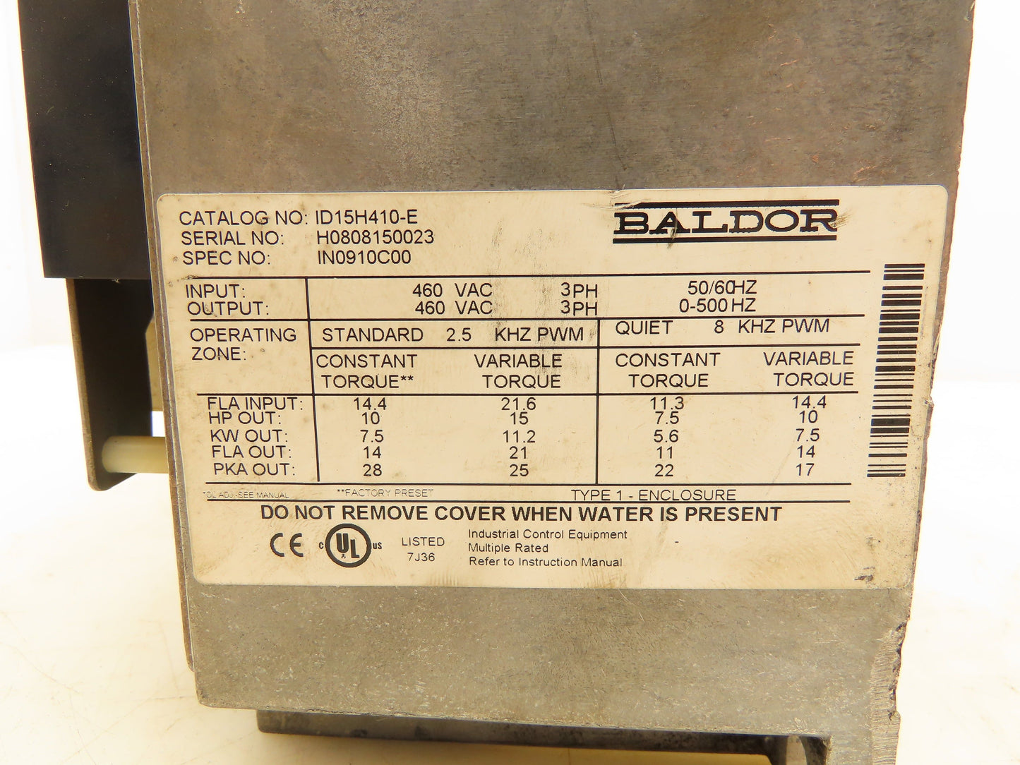 Baldor ID15H410-E Adjustable Speed Drive VDF 15Hp 480V 3PH Parts Only