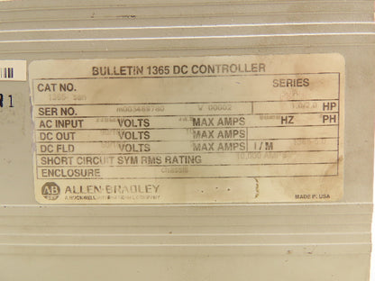 Allen Bradley 1365-SAN DC Motor Drive 1-2HP 90-180VDC 10Amp