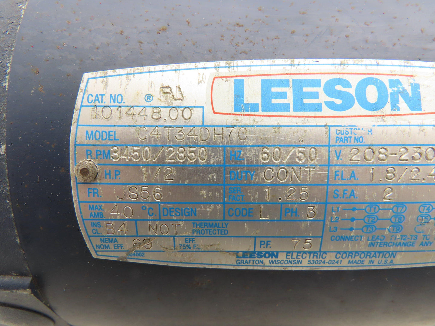 Leeson C4T34DH7C AC Motor 1/2Hp 3450 RPM 208-230/460V 3PH JS56 Frame 101448.00