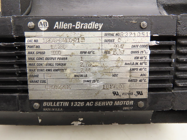 Allen Bradley 1326AB-B410G-21 AC Servo Motor 1kw 5000 RPM 460V 3PH