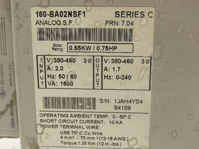Allen-Bradley 160-BA02NSF1 Variable Speed Drive 380-460 2A 3PH 0.75HP Series C