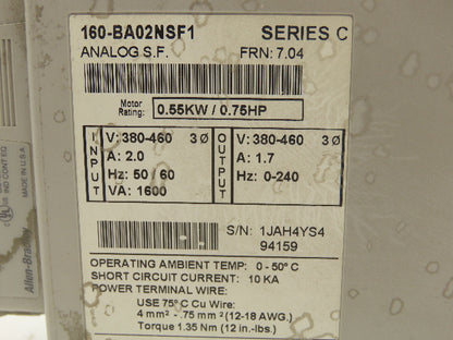 Allen-Bradley 160-BA02NSF1 Variable Speed Drive 380-460 2A 3PH 0.75HP Series C