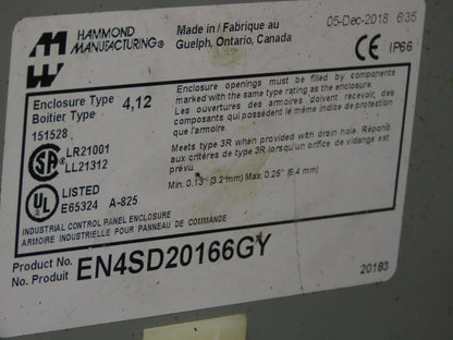 Hammond EN4SD20166GY Electrical Enclosure Box 20x16x6" Wall Mount