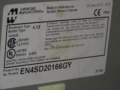 Hammond EN4SD20166GY Electrical Enclosure Box 20x16x6" Wall Mount