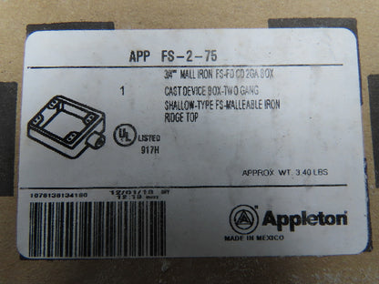 Appleton FS-2-75 FS Device Box 2 Gang 3/4" Shallow Malleable Iron Lot Of 2