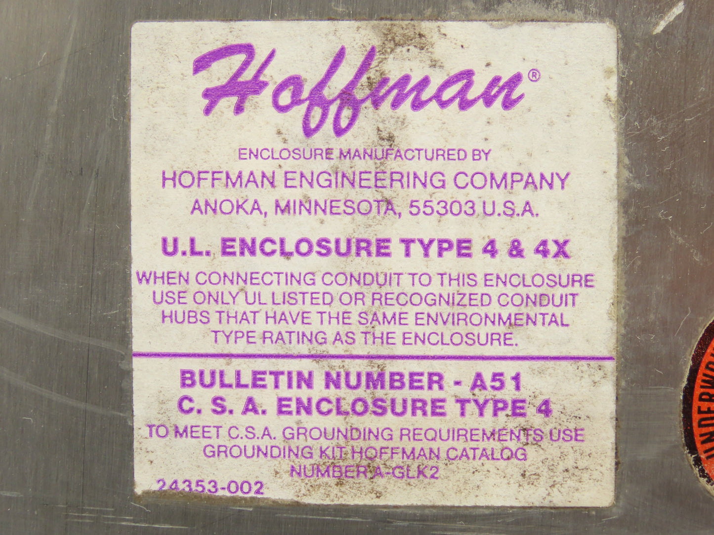 Hoffman A51 Electrical Enclosure Box 12x10x6"Continous Hinge Stainless Steel