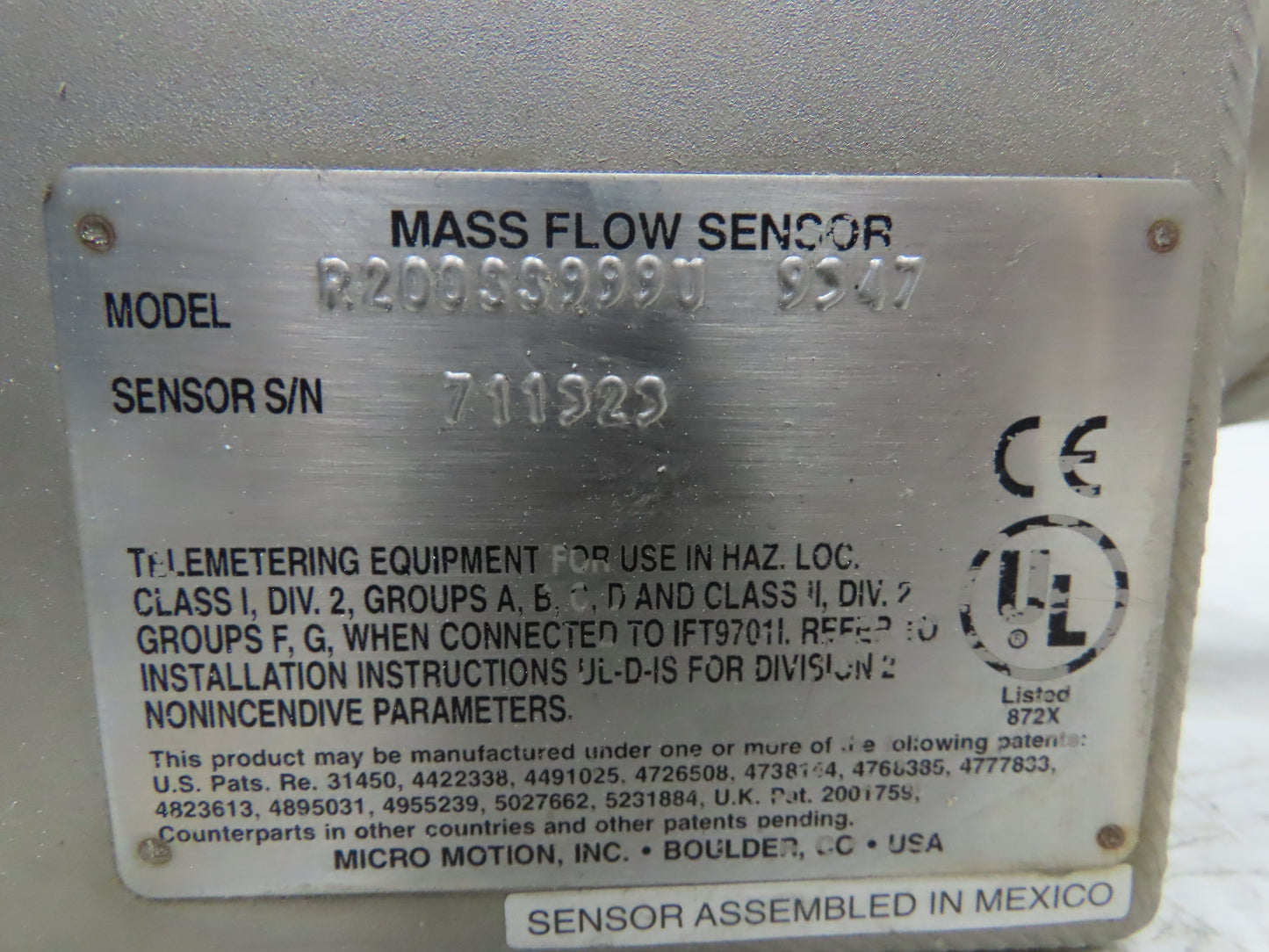 Micro Motion R200SS999U Mass Flow Sensor 2" Remote Flow Transmitter