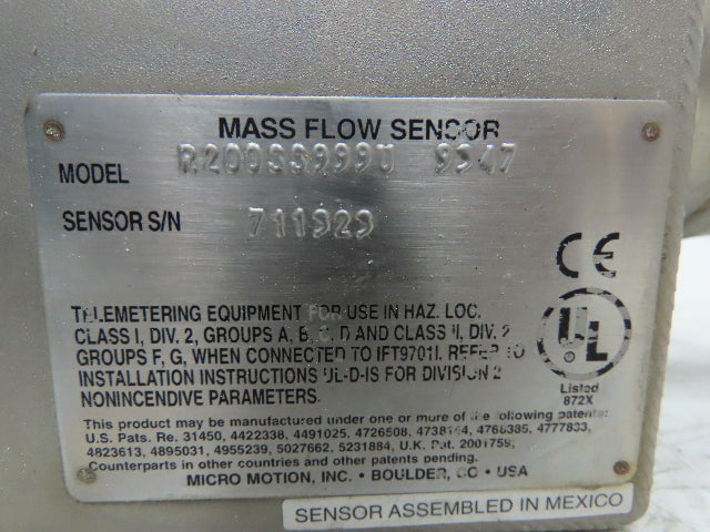 Micro Motion R200SS999U Mass Flow Sensor 2" Remote Flow Transmitter